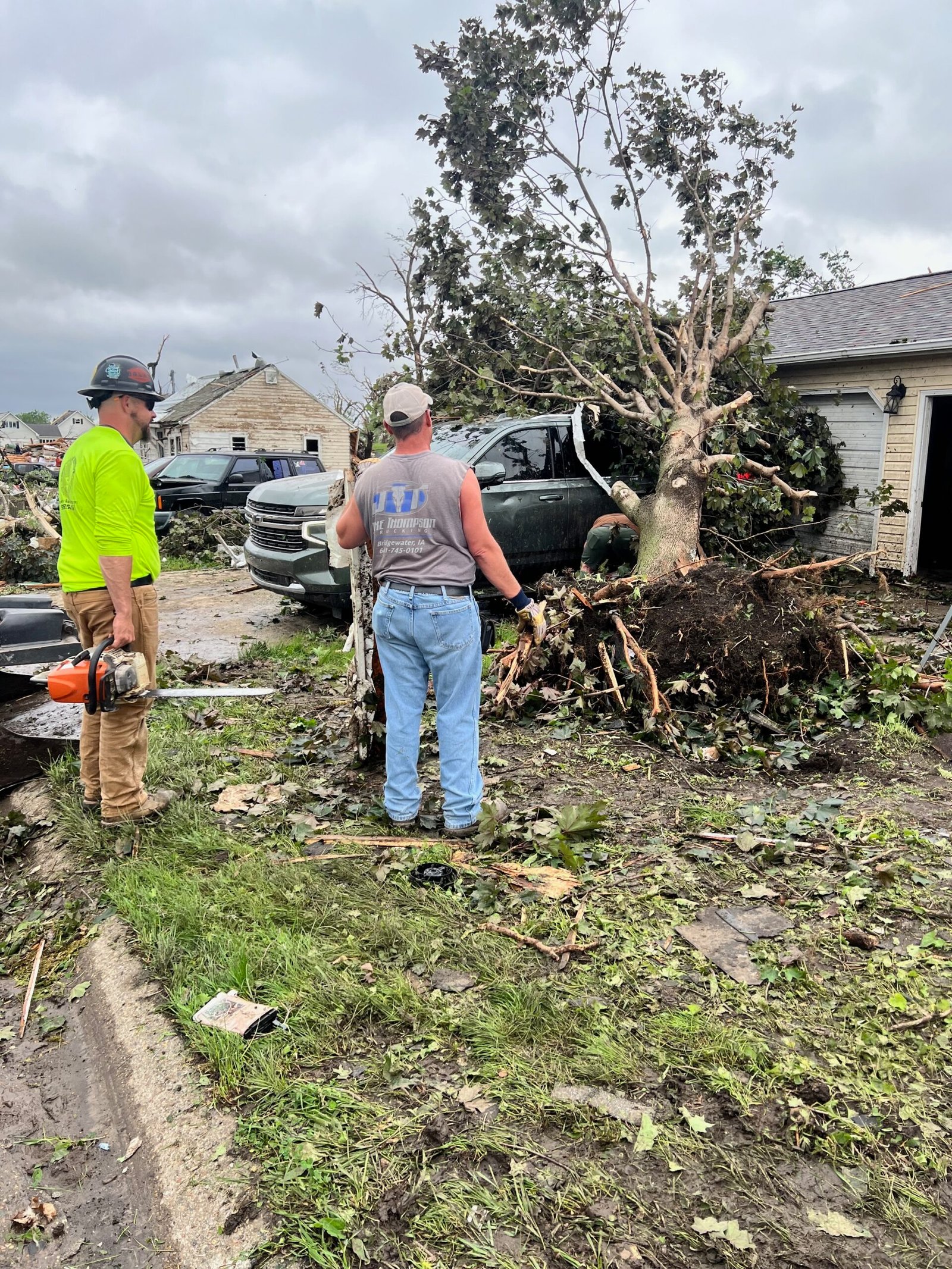 Schwinger crew storm cleanup -- two workers with chainsaw on massive fallen tree